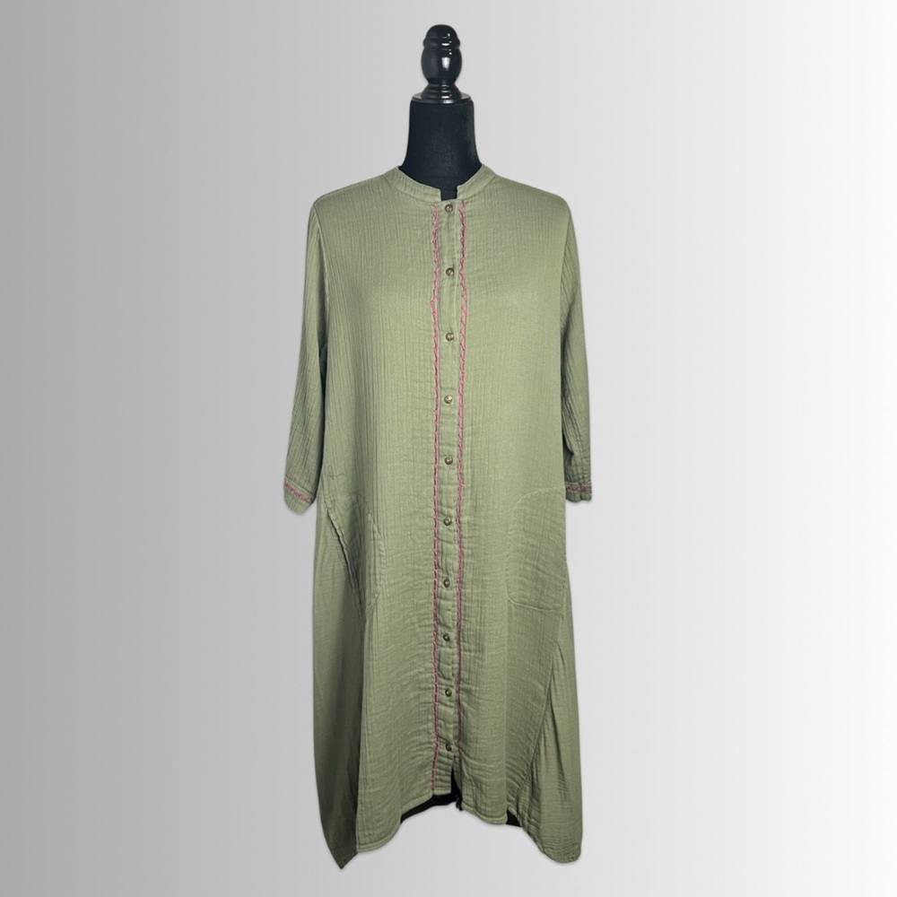 Soft Surrounding Green 100% Cotton Maxi Long Sleeve Sleepwear/casual Dress Sz Lg